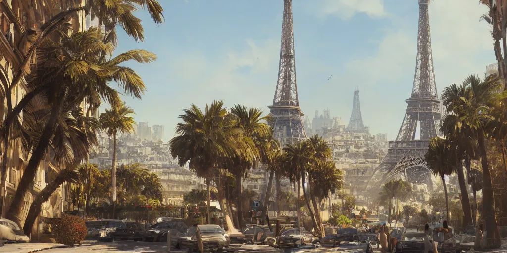 Image similar to beautiful landscape of the wonderful city of paris built in california, amazing sunny weather, eiffel tower next to the beach, palm trees, splendid haussmann architecture, digital painting, highly detailed, intricate, craig mullins, greg rutkwowski, matte painting, trending on artstation