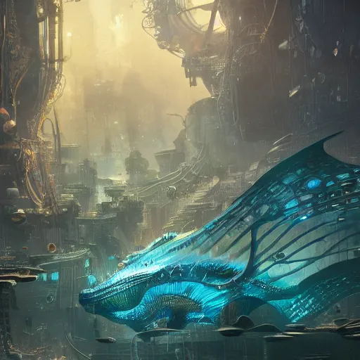 Image similar to a seafloor view of a giant seahorse swimming above the overpopulated steampunk sci-fi city of Atlantis by Cedric Peyravernay, highly detailed, full view of seahorse, excellent composition, cinematic concept art, rich dramatic lighting, trending on ArtStation