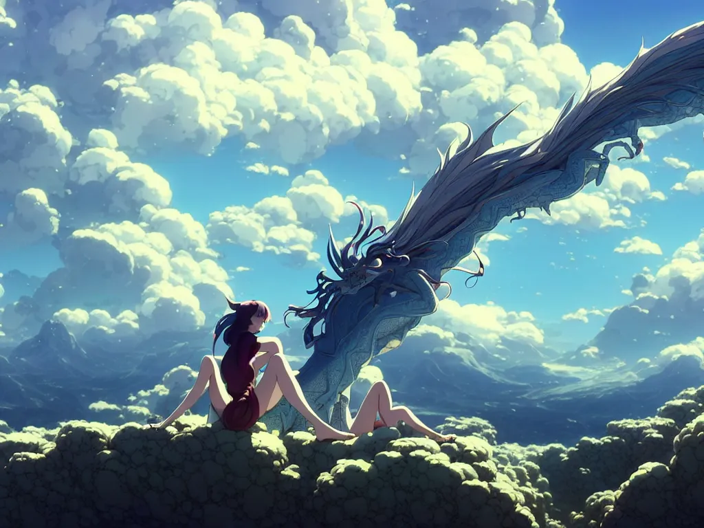 Image similar to a vast scene, panorama distant view, hyper detailed scene render of a beautiful girl sit on a huge silver dragon back, in the white clouds fairyland, animation portrait concept art, style of makoto shinkai, xision, james jean and peter mohrbacher, studio ghibli, artgerm, karol bak, beeple, 4 k hd, animation style