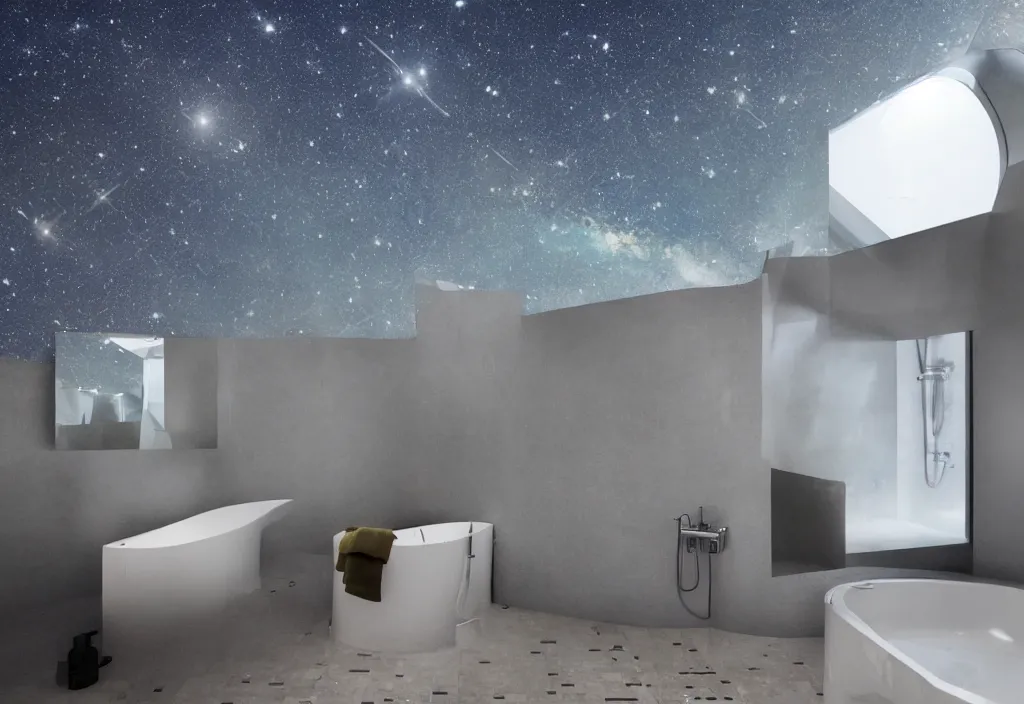 Image similar to a bathroom overlooking the universe