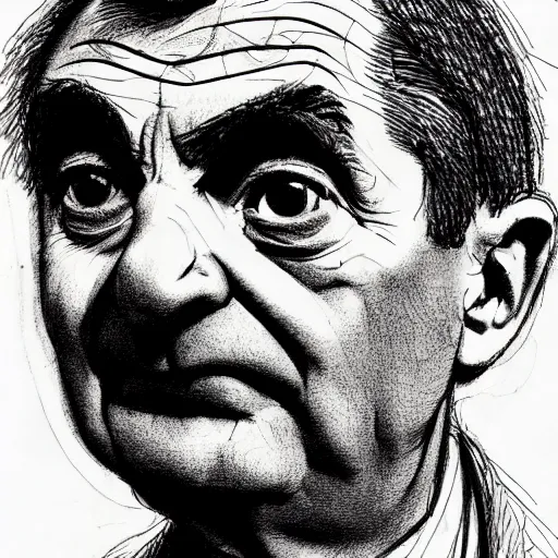 Prompt: a realistic yet scraggly portrait sketch of the side profile of a stern and sophisticated mr bean, trending on artstation, intricate details, in the style of frank auerbach, in the style of sergio aragones, in the style of martin ansin, in the style of david aja, in the style of mattias adolfsson