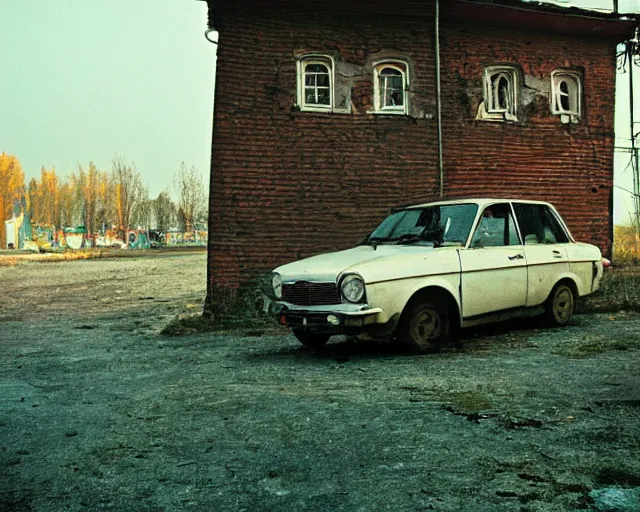 Image similar to a lomographic photo of old lada 2 1 0 7 standing in typical soviet yard in small town, hrushevka on background, cinestill, bokeh