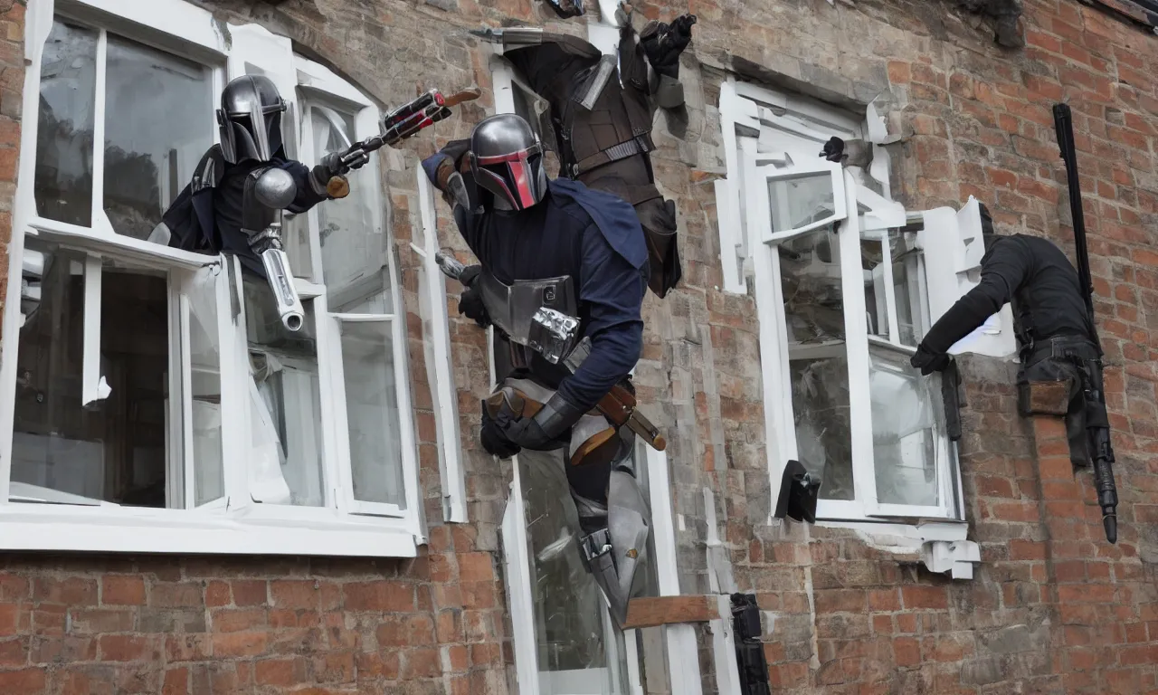 Image similar to one single mandalorian dismantling sash window in England with a lightsaber