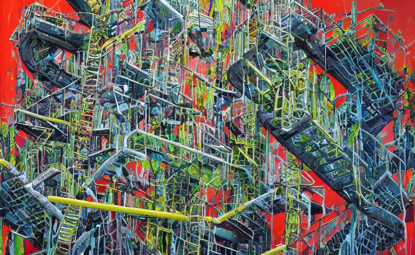 Prompt: chutes and ladders. detailed abstract acrylic painting by bordalo ii, by mc escher, by raqib shaw, japanese popsurrealism,