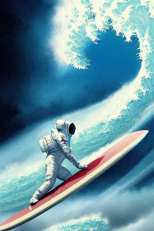 Image similar to a beautiful digital painting of an astronaut in a white space suit surfing the great wave on a surfboard by greg rutkowski, photorealistic, trending on artstation, highly detailed, intricate, unreal engine, octane render