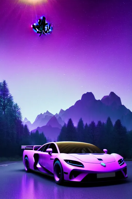 Prompt: an astronaut sitting inside of a supercar with butterfly winged doors open, in a forest of purple geometric neon flowers, mountains in background, 4 k, moody, dramatic, trending on artstation, award winning, photorealistic, volumetric lighting, octane render,