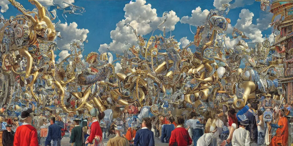 Prompt: mechanical angels descend from heaven in the middle of a small town during a carnival, surreal, quirky, highly detailed, colorful, dramatic, by h. r. van dongen, by david ligare, by noriyoshi ohrai, by peter cross - h 3 3 0