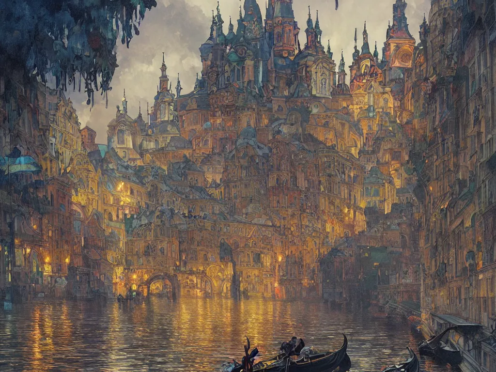 Prompt: a view from the river a city resembling prague, paris, and venice after a rain with a rainbow, intricate, elegant, highly detailed, digital painting, artstation, concept art, smooth, sharp focus, colored illustration for tattoo, art by krenz cushart and artem demura and alphonse mucha,