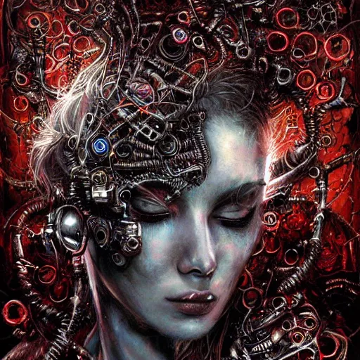 Image similar to blinded cybernetic demon dreaming, lsd, circuitry, intricate detail, royo,