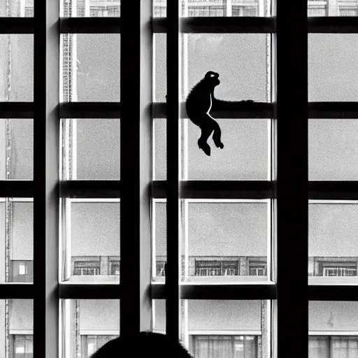 Image similar to king kong donkey kong peering in a high rise fancy apartment window, beautiful lighting action movie still from inside the apartment