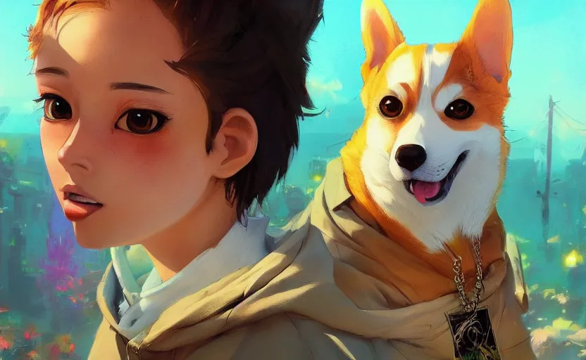 Prompt: beautiful portrait anime painting of sunny hiphop solarpunk summertime chill with corgi, by christian dimitrov, cory loftis, cagnaccio di san pietro, costa dvorezky, craig mullins, craig davison. trending on artstation, 8 k, masterpiece, graffiti paint, fine detail, full of color, intricate detail, golden ratio illustration, face enhance