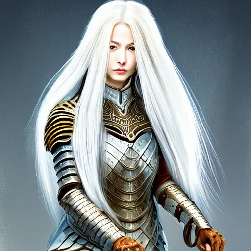 Image similar to portrait digital painting of a woman with flowing luscious glowing white hair standing whilst holding a sword, wearing intricate plate - armor and leather underneath. intricate, elegant, highly detailed, digital painting, artstation, concept art, smooth, sharp focus, illustration, by terry wei, qiu fang, tooth wu, kan liu, siwoo kim, jisu choe