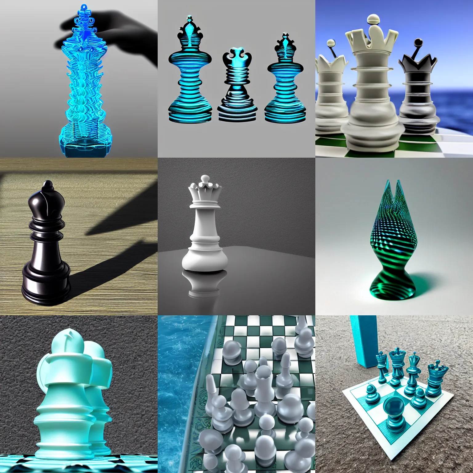 Prompt: sleek, mechanical, queen chess piece, chessboard made of ocean, digital forest, high quality architectural art