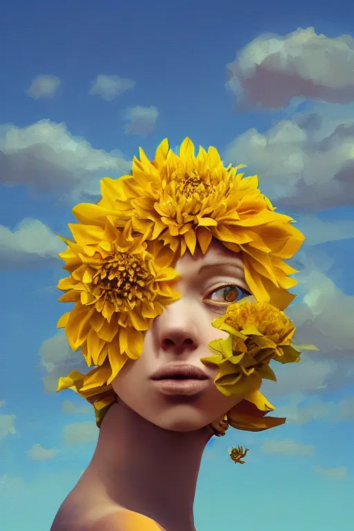 Image similar to closeup girl with huge yellow dahlia flower face, on the beach, surreal photography, blue sky, sunrise, dramatic light, impressionist painting, digital painting, artstation, simon stalenhag