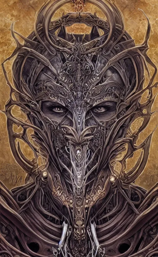 Image similar to Elden Ring themed painting of hybrid majestic aztec warrior fantasy biomechanical human beautiful immortal angel symmetrical face angry mask closeup face breathing mask tattoo pattern golden ratio concept, deep forest psytrance Neo-Gothic concept, infinity glyph waves, intricate artwork masterpiece, very coherent artwork, cinematic, full frontal facial features by Artgerm, Takato Yamamoto, Zdizslaw Beksinski, Johnatan Wayshak, Moebius, Ayami Kojima, very coherent artwork, trending on cgsociety, ultra high quality model, production quality cinema model, high detail chromatic ink outline, octane render, unreal engine 8k, hyper realism, high detail, octane render, unreal engine, 8k, High contrast