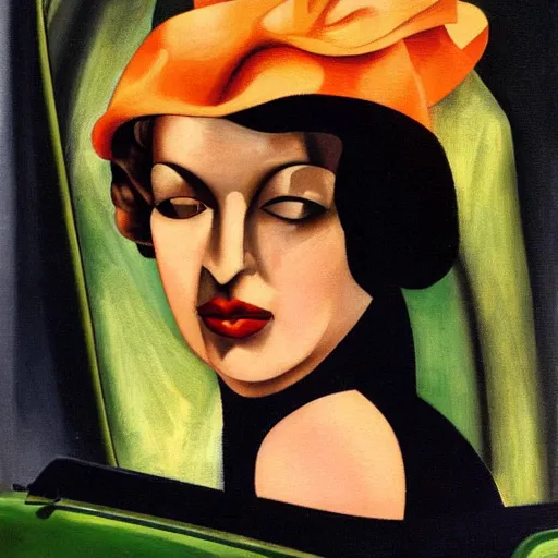 Image similar to portrait of an elegant woman in the 1 9 3 0 s driving a green car, by tamara de lempicka