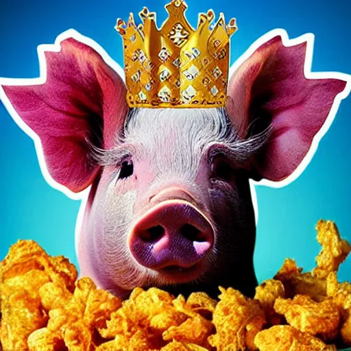 Image similar to pig in gold crown surrounded by pork rinds, pop-art