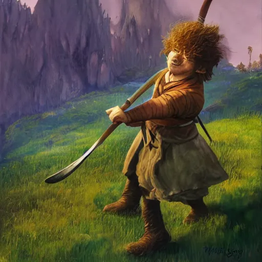 Image similar to A warrior hobbit swings a club at the head of a goblin. The rolling hills of the shire are in the background. Digital fantasy art by Anato Finnstark and Alan Lee.