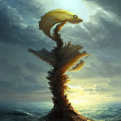 Image similar to a fish as tree, at a sea, by greg rutkowski, trending on art station, highly detailed, magic the gathering, matte painting