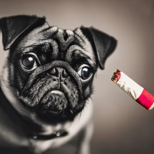 Prompt: photograph of a pug wearing a leather jacket smoking a cigarette