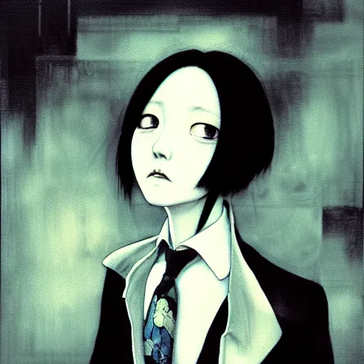 Image similar to yoshitaka amano blurred and dreamy realistic three quarter angle horror portrait of a sinister young woman with short hair, big earrings and white eyes wearing office suit with tie, black and white junji ito abstract patterns in the background, satoshi kon anime, noisy film grain effect, highly detailed, renaissance oil painting, weird portrait angle, blurred lost edges