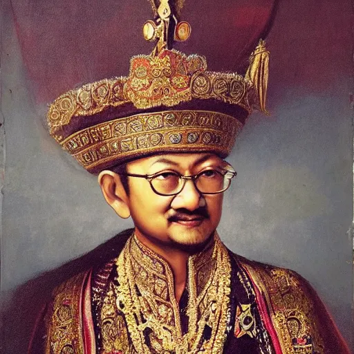 Image similar to sri sultan hamengkubuwono ix with blangkon and batik portrait, detailed, arstation 8 k, art by raden saleh, banksy, basuki abdullah