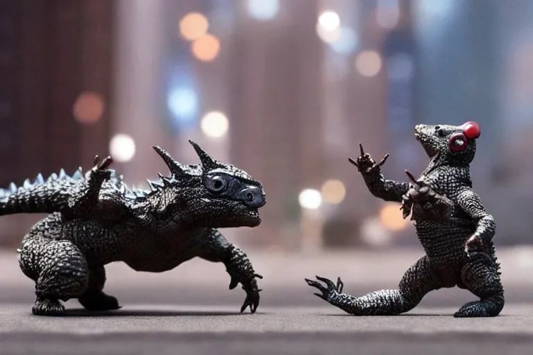 Image similar to film still of tiny godzilla fighting in a little model of new york city in the new godzilla ant man crossover movie, macro lens