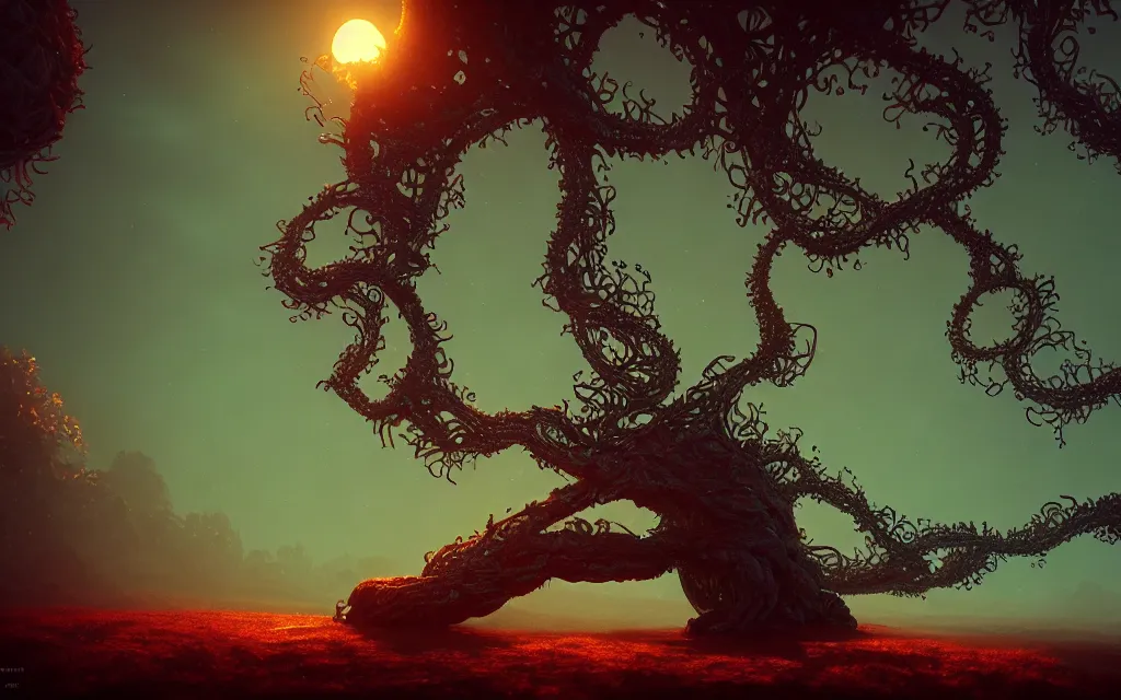 Prompt: the soul crushing weight of unlived dreams inflicts pain on the mind, intricate detailed illustration, fractal, cinematic lighting, wide angle, volumetric light scattering, bioluminescent, 8k, artstation, concept art, octane render, sunset, magnificent, vines