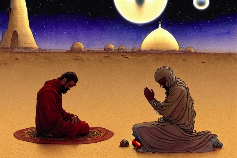 Prompt: a hyperrealist watercolour character concept art portrait of a middle eastern merchant kneeling down in prayer in front of an elegant alien with 1 2 eyes on a misty night in the desert. a ufo is in the background. by rebecca guay, michael kaluta, charles vess and jean moebius giraud