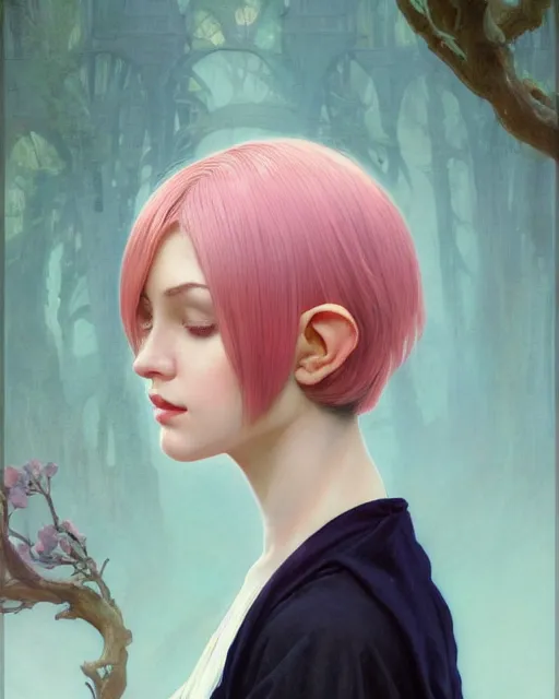 Image similar to portrait of a beautiful half elf girl with short pink layered bob haircut, intricate, elegant, highly detailed, digital painting, artstation, concept art, smooth, sharp focus, illustration, art by artgerm and greg rutkowski and alphonse mucha and uang guangjian and gil elvgren and sachin teng and wlop, symmetry