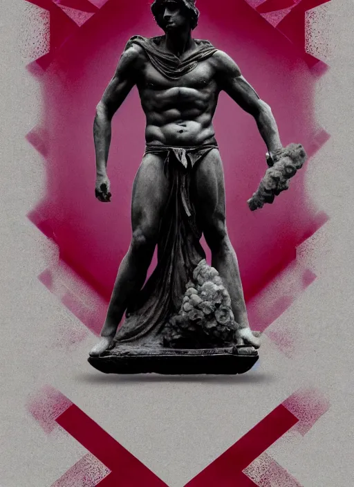 Image similar to dark design poster showing a greco roman statue, black background with very subtle red and purple design elements, powerful, nekro, vito acconci, thin straight lines, dark, glitch art, neo vaporwave, gritty, layout frame, square, trending on artstation