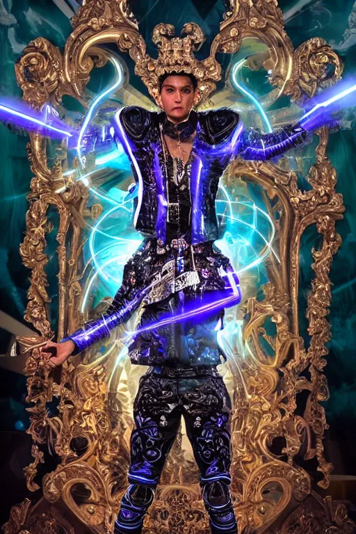 Prompt: full-body sculpture of a young handsome Latino prince as a half cibernetic android with a glowing blue battery in his chest, white laser beam coming out of his eyes, crown of giant diamonds, flowing neon-colored silk, fabric, raptors, in a cyperbunk and baroque style. baroque elements. full-length view. baroque element. intricate artwork by caravaggio. many many birds birds on background. Trending on artstation, octane render, cinematic lighting from the right, hyper realism, octane render, 8k, depth of field, 3D