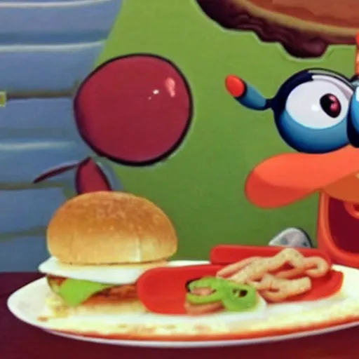 Prompt: mr. krabs eating a krabby patty