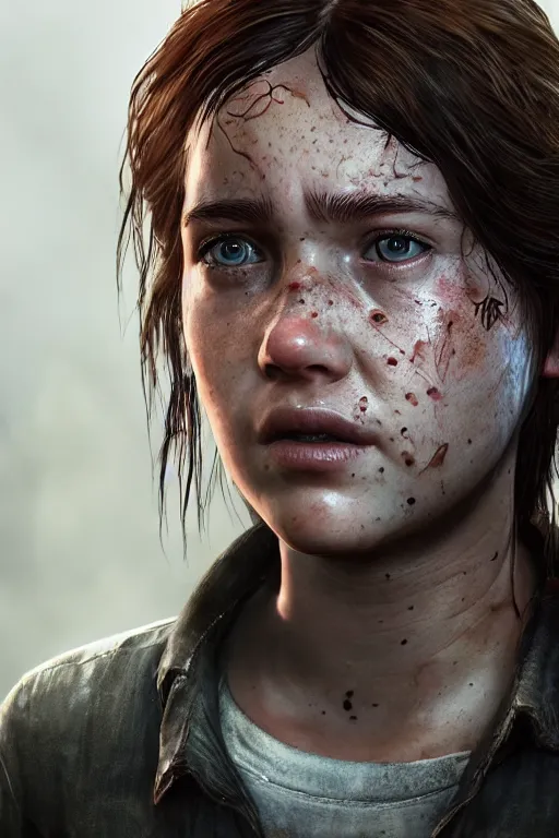 Image similar to ultra realistic facial portrait of ellie from the last of us part 2, digital art, character portrait, highly detailed, trending on artstation, lens flare, atmosphere, hyper realistic, cinematic lightning, sharp focus, unreal engine 5, extreme details perfect face, pretty face, fine - face, illustration, 8 k, ultra texture, masterpiece