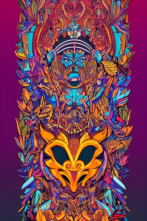 Image similar to animal mask totem roots flower tribal feather gemstone plant wood rock shaman vodoo video game vector cutout illustration vivid multicolor borderlands comics by josan gonzales and dan mumford radiating a glowing aura