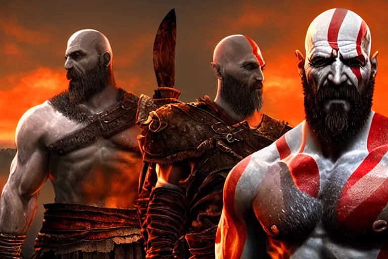 Prompt: title screen of the game god of war with walter white as kratos holding two blades