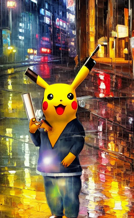 Image similar to a realistic oil painting of Chrome Pikachu smoking a cigarette in a rainy cyberpunk street, by Alex Ross, realistic, 8k, HD, neon, dramatic backlit, bokeh