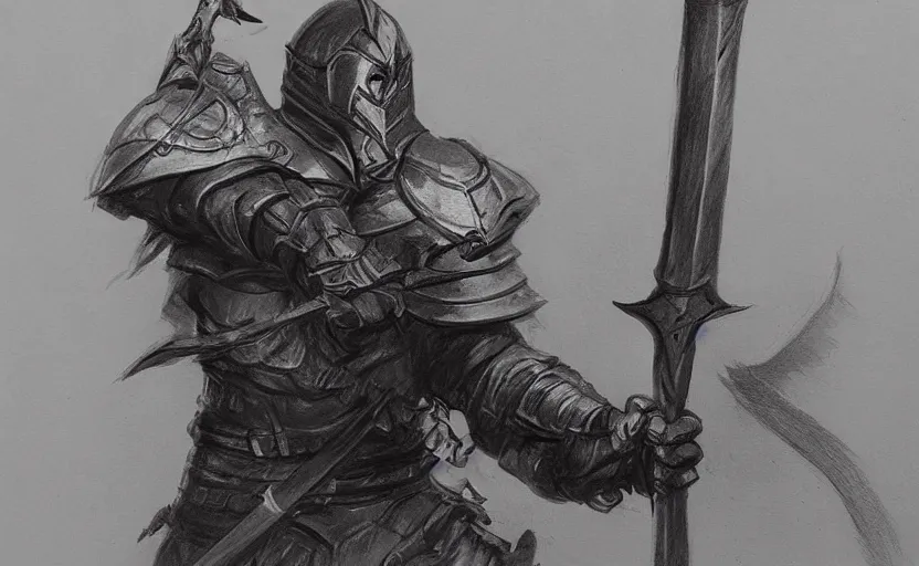 Prompt: a drawing of a knight holding a sword, a pencil sketch by jesper ejsing, artstation, fantasy art, pencil sketch, concept art, 2 d game art