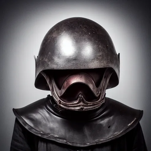 Prompt: old dark fantasy helmet. smoke billowing out from within. evil energy. studio photograph. plain background