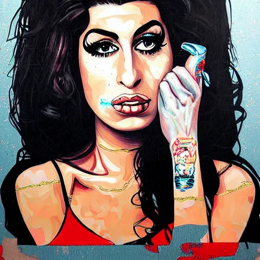 Image similar to portrait of amy winehouse, artwork by sandra chevrier