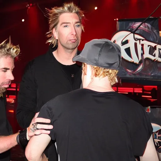 Image similar to chad robert kroeger of nickelback looking at what is on joey's head