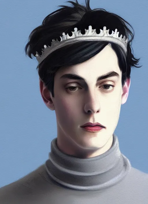 Image similar to portrait of teenage jughead jones wearing a light grey crown, crown, blue turtleneck, 1 9 5 0 s, closed eyes, photorealistic, black hair, glowing lighting, intricate, elegant, glowing lights, highly detailed, digital painting, artstation, concept art, smooth, sharp focus, illustration, art by wlop, mars ravelo and greg rutkowski