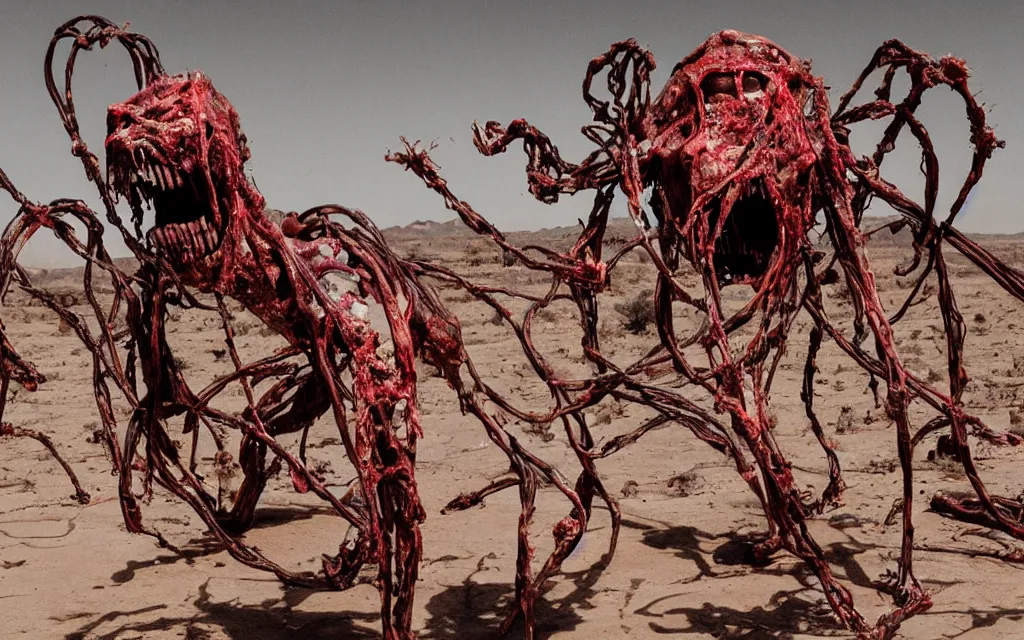 Image similar to in the desert a bloody gross horrifying the thing creature made of muscle and bone and blood stares at the camera, hundreds of black cables and wires wrap around the bodies, the drool comes out of the rotting bodies, eating, mid day, 3 5 mm photography, realistic,