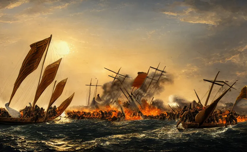 Image similar to the battle of salamis with triremes on fire, photography, war photography, golden hour, extremely detailed, 4 k