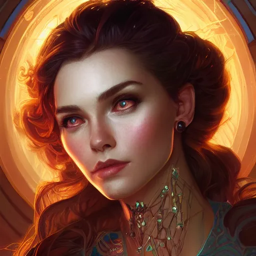 Image similar to close up portrait of a retrowave young woman, D&D, fantasy, intricate, elegant, highly detailed, digital painting, artstation, concept art, matte, sharp focus, illustration, hearthstone, art by Artgerm and Greg Rutkowski and Alphonse Mucha