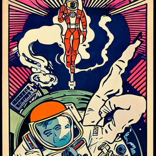 Prompt: a man with red hair, floating in space. he is an astronaut, wearing a space suit. he is fixing his space rocket. well composed, clean elegant painting, beautiful detailed face. retro comic book art by steve ditko and jack kirby and ( alphonse mucha )