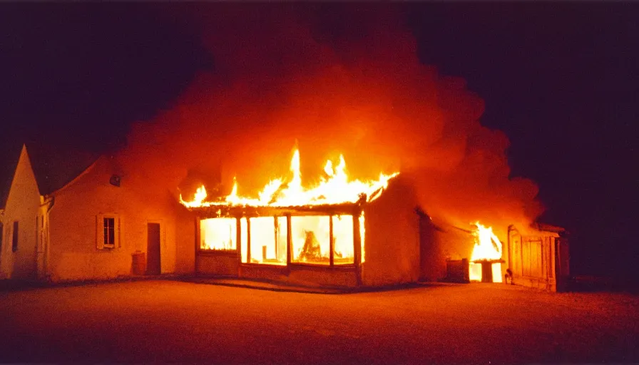 Image similar to 1 9 7 0 s movie still of a burning french style little house in a small northern french village by night in autumn, cinestill 8 0 0 t 3 5 mm, heavy grain, high quality, high detail, dramatic light, anamorphic, flares