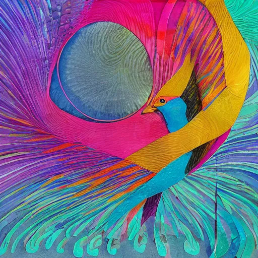 Image similar to A beautiful mixed media art of a large, colorful bird with a long, sweeping tail. The bird is surrounded by swirling lines and geometric shapes in a variety of colors by Klaus Wittmann, by Andy Goldsworthy kaleidoscopic