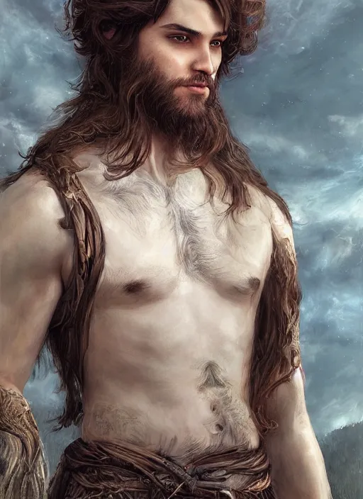 Image similar to a relaxed gorgeous male druid in a sleeveless west, short brown hair, stringy, full body, 8 k, hyperrealistic, hyperdetailed, fantasy portrait by laura sava