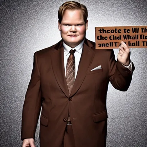 Image similar to Andy Richter is wearing a chocolate brown suit and necktie, holding a sign that reads Stop making these images of me of I WILL tell Conan!! Andy has a stern look on his face